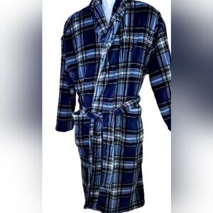 Nautica Plaid Blue Navy Flannel  Sleepwear Robe One Size Mens Pockets New